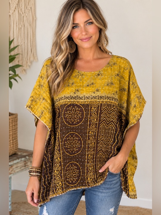 Upcycled Tops - Upcycled kantha Boho Yellow and Brown Printed Women’s Tunic Top. Reversible